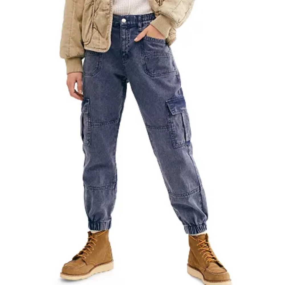 Free People We the Free Platoon Pants Blue Denim Cargo Jogger Cuffs-Small